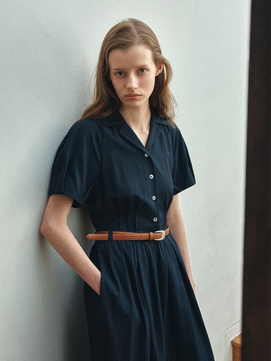 TIR COLLAR VOLUME BELT DRESS_NAVY