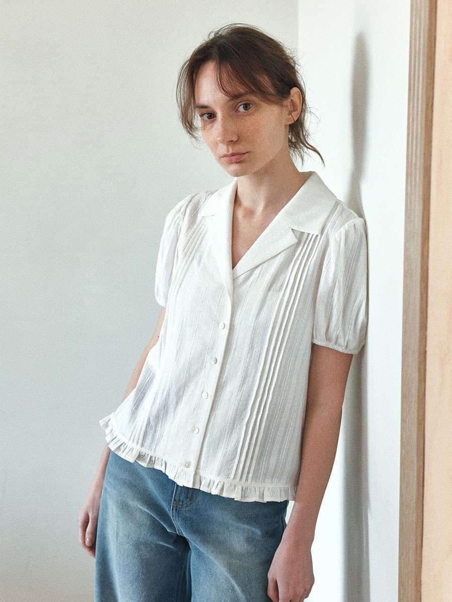 TIS PINTUCK OPEN COLLAR SHIRTS_WHITE