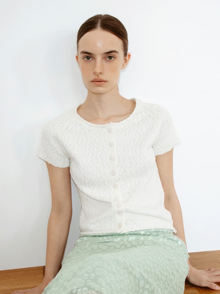 TIR SLUB SHORT SLEEVE KNIT CARDIGAN_WHITE
