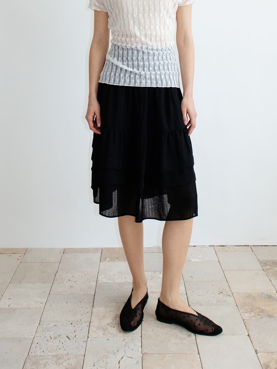 TIR SHEER TIERED MIDI SKIRT_BLACK