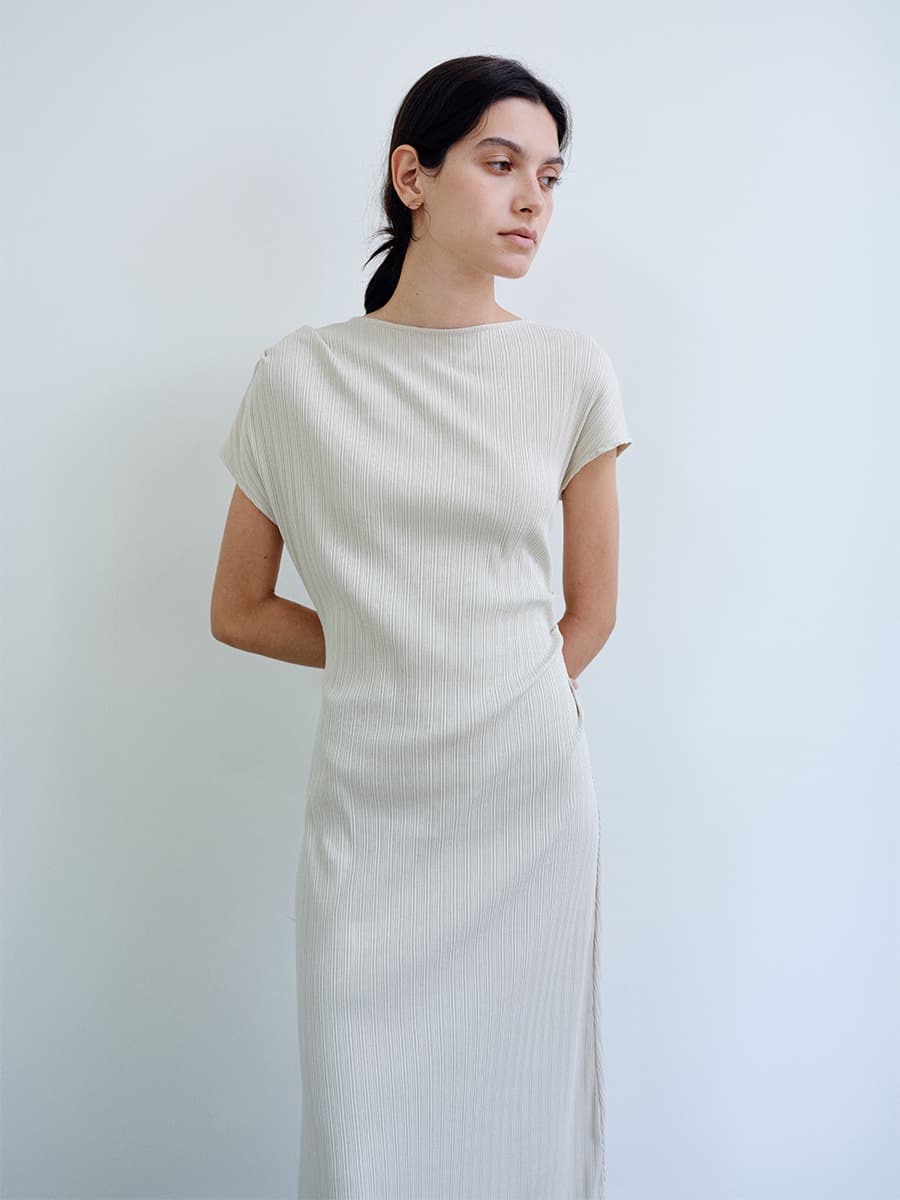 TIR ASYMMETRIC RIBBED COTTON DRESS_BEIGE