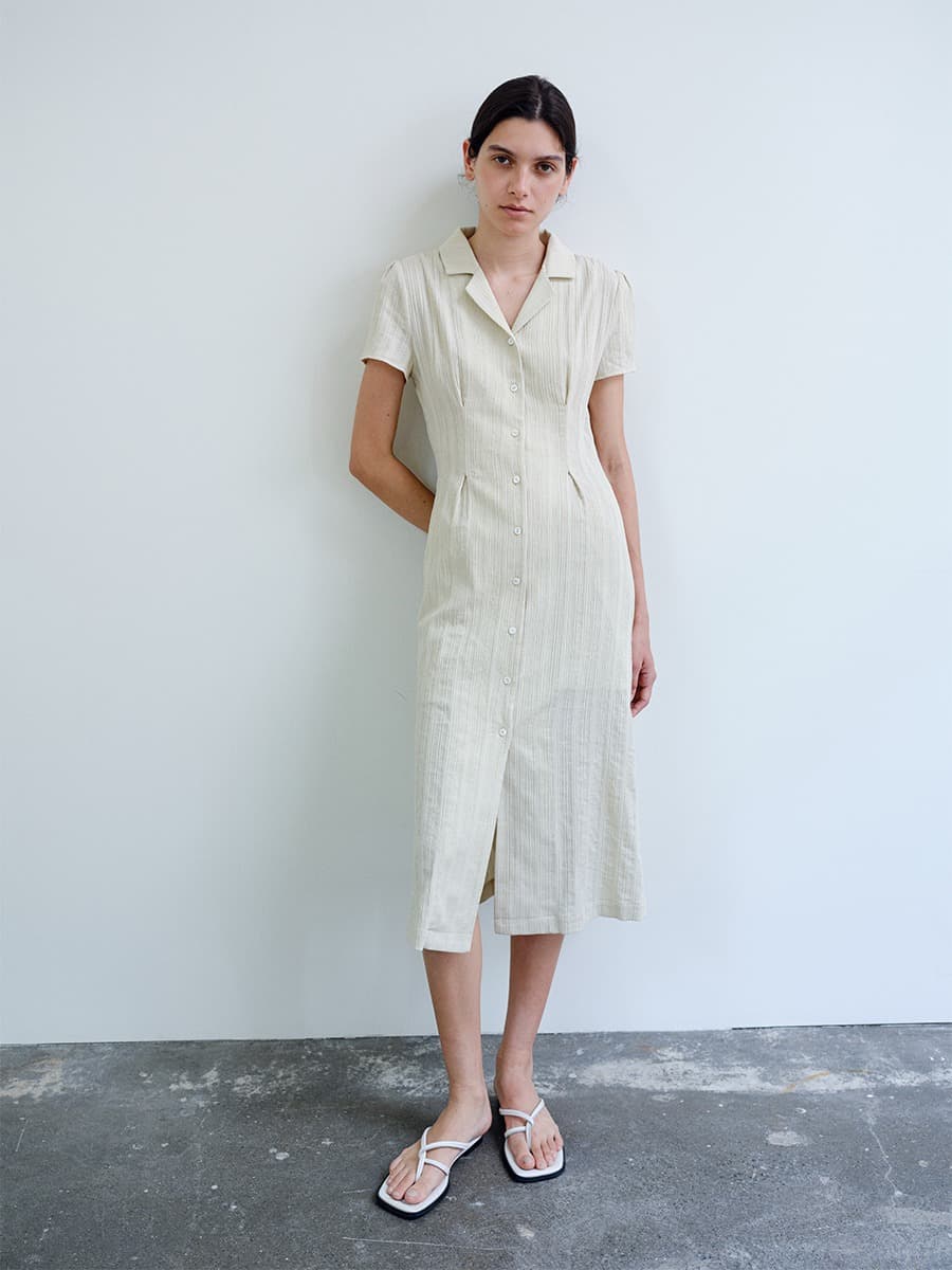 TIR OPEN COLLAR SHIRT DRESS_Y-BEIGE