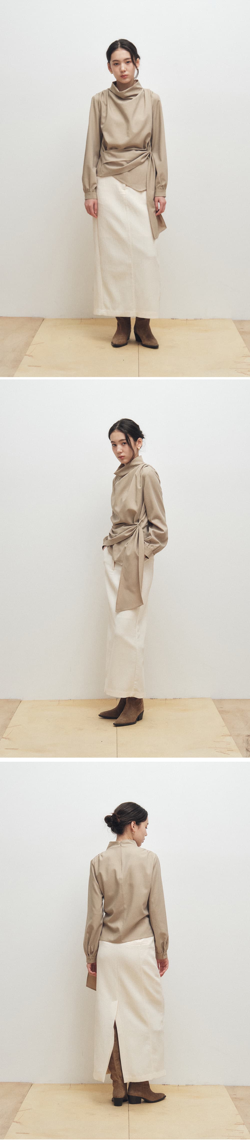 Cowl-Neck Wrap Blouse (Beige) — vue 3