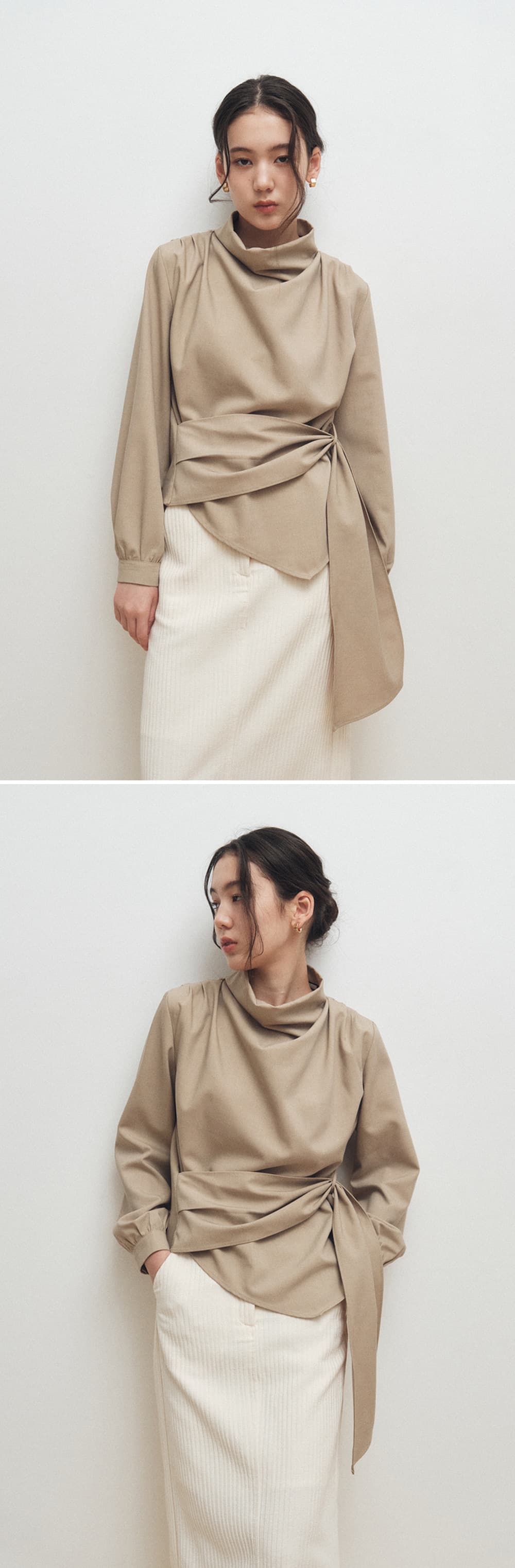 Cowl-Neck Wrap Blouse (Beige) — vue 4