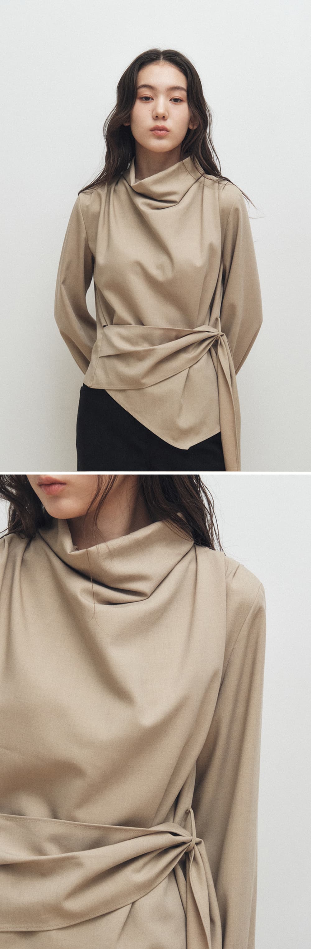 Cowl-Neck Wrap Blouse (Beige) — vue 6