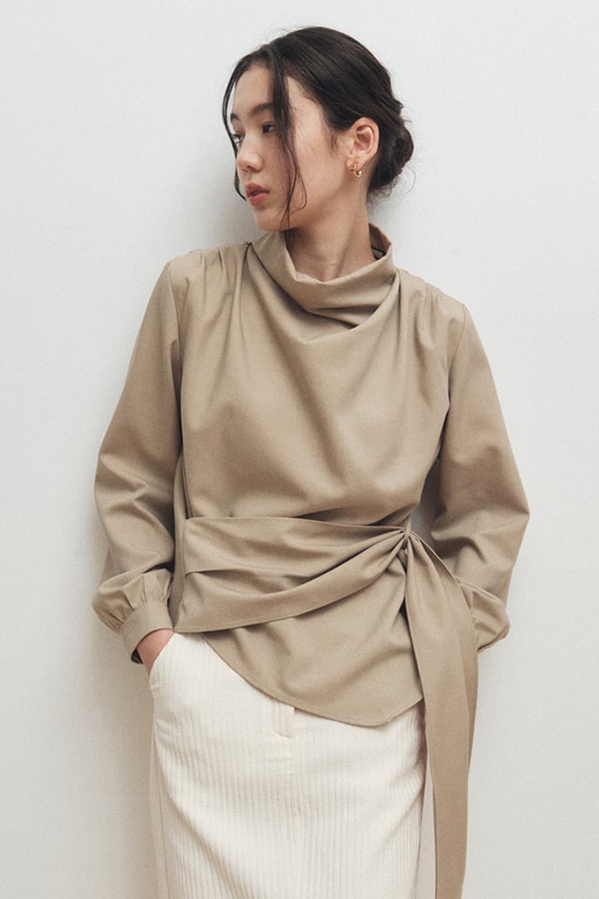 Cowl-Neck Wrap Blouse (Beige)