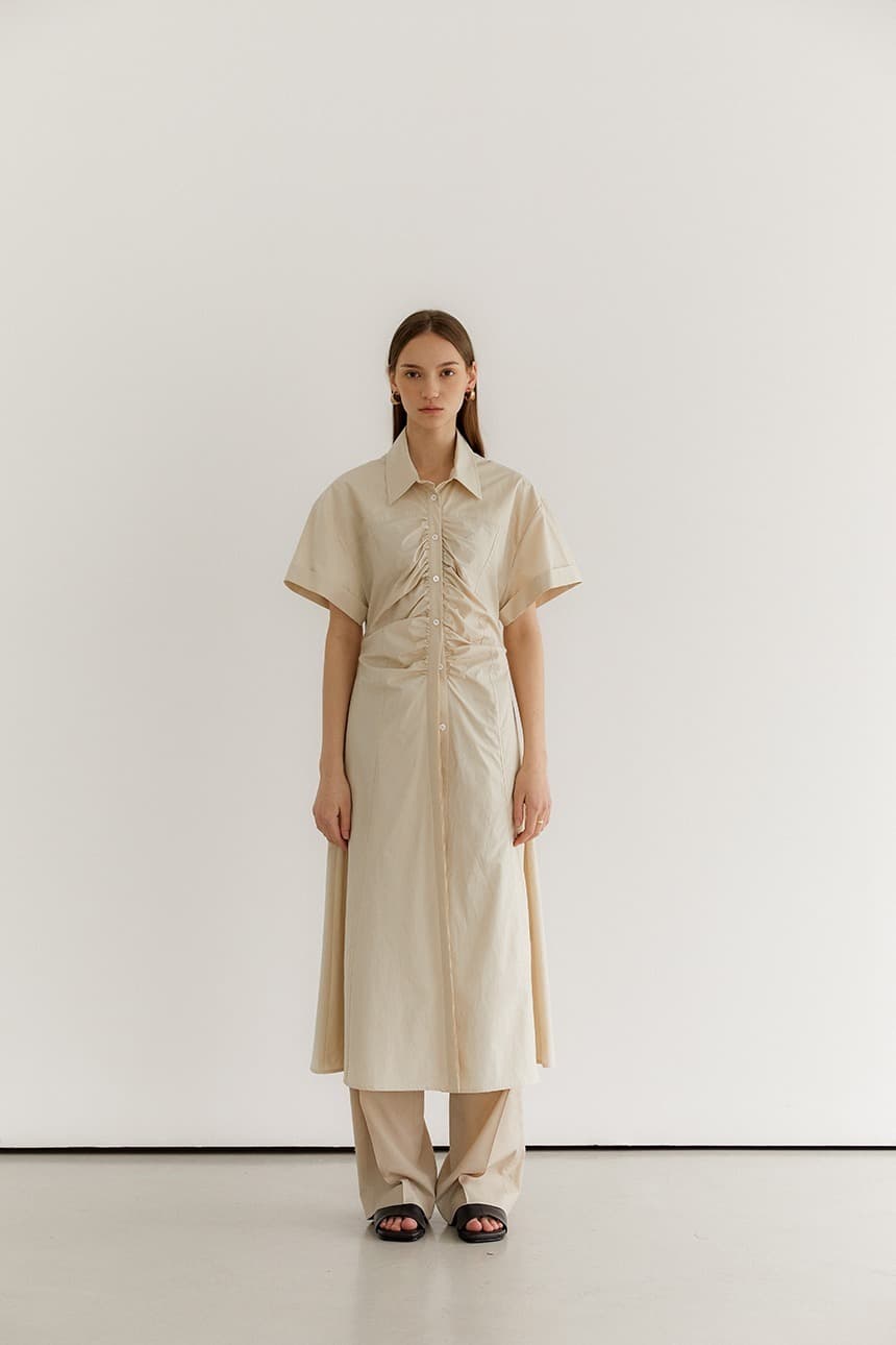 Front Shirring Shirts Dress (Natural)