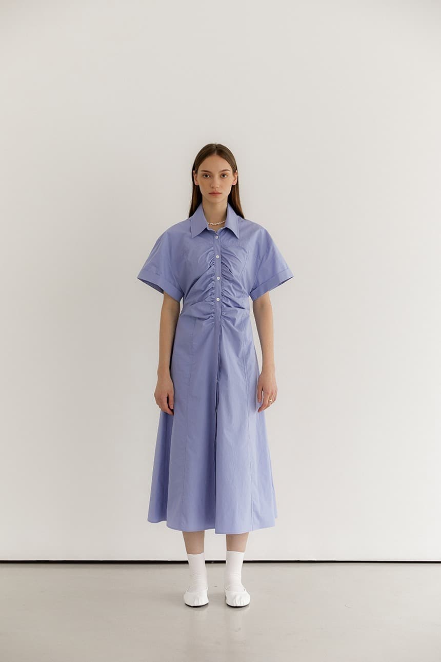 Front Shirring Shirts Dress (Blue)