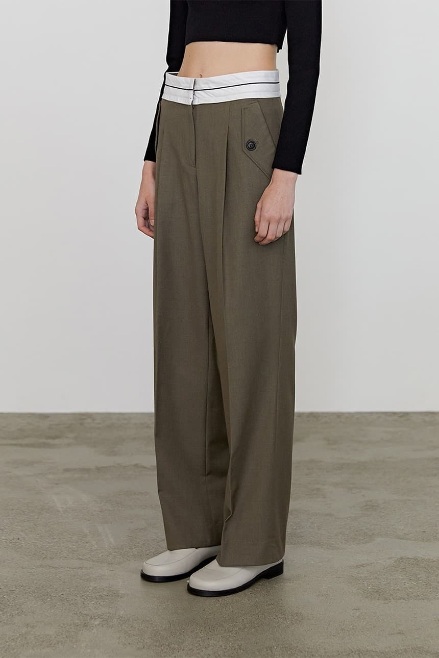 Lining Button Wide Pants (Khaki)