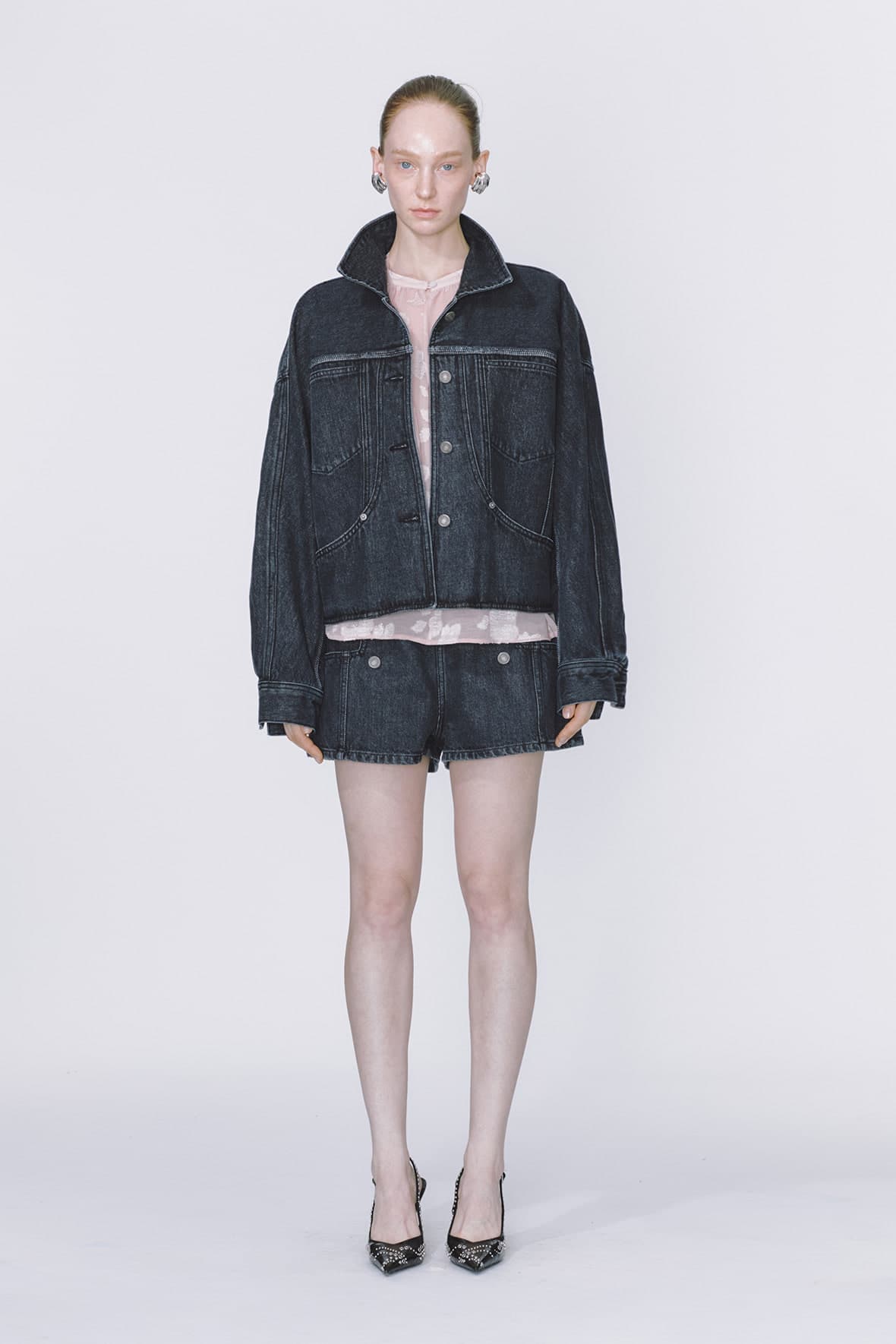 Curved Insert Pocket Dolman Sleeve Denim Jacket — vue 3