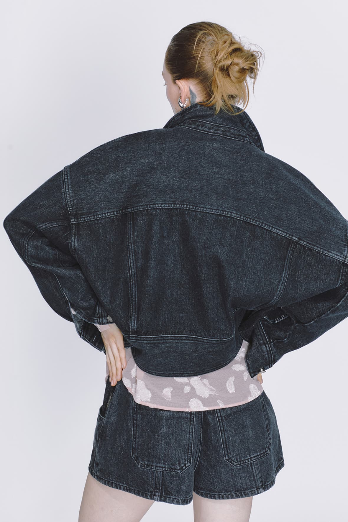 Curved Insert Pocket Dolman Sleeve Denim Jacket — vue 5