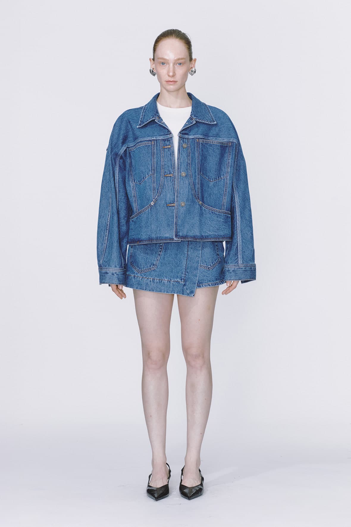 Curved Insert Pocket Dolman Sleeve Denim Jacket — vue 1
