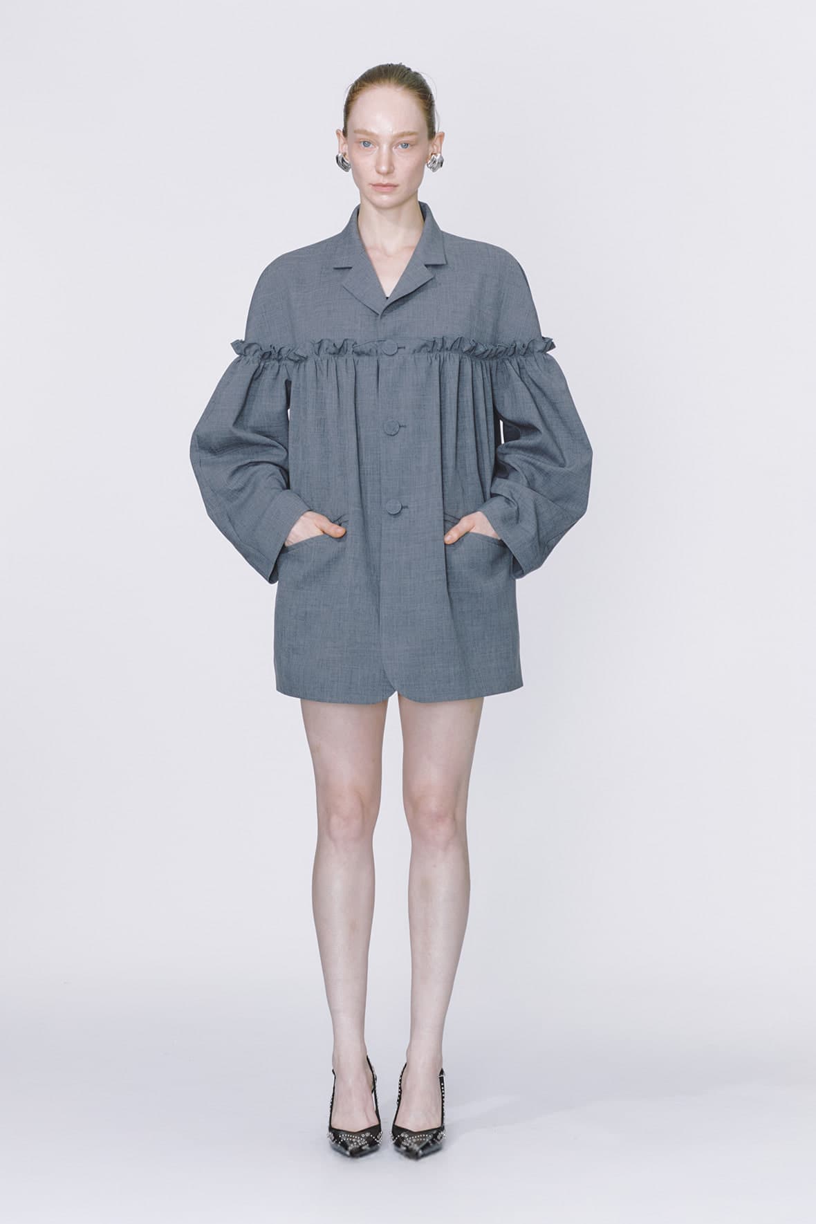 Oversized Half And Half Horizontal Ruffel 3-Button Blazer — vue 7