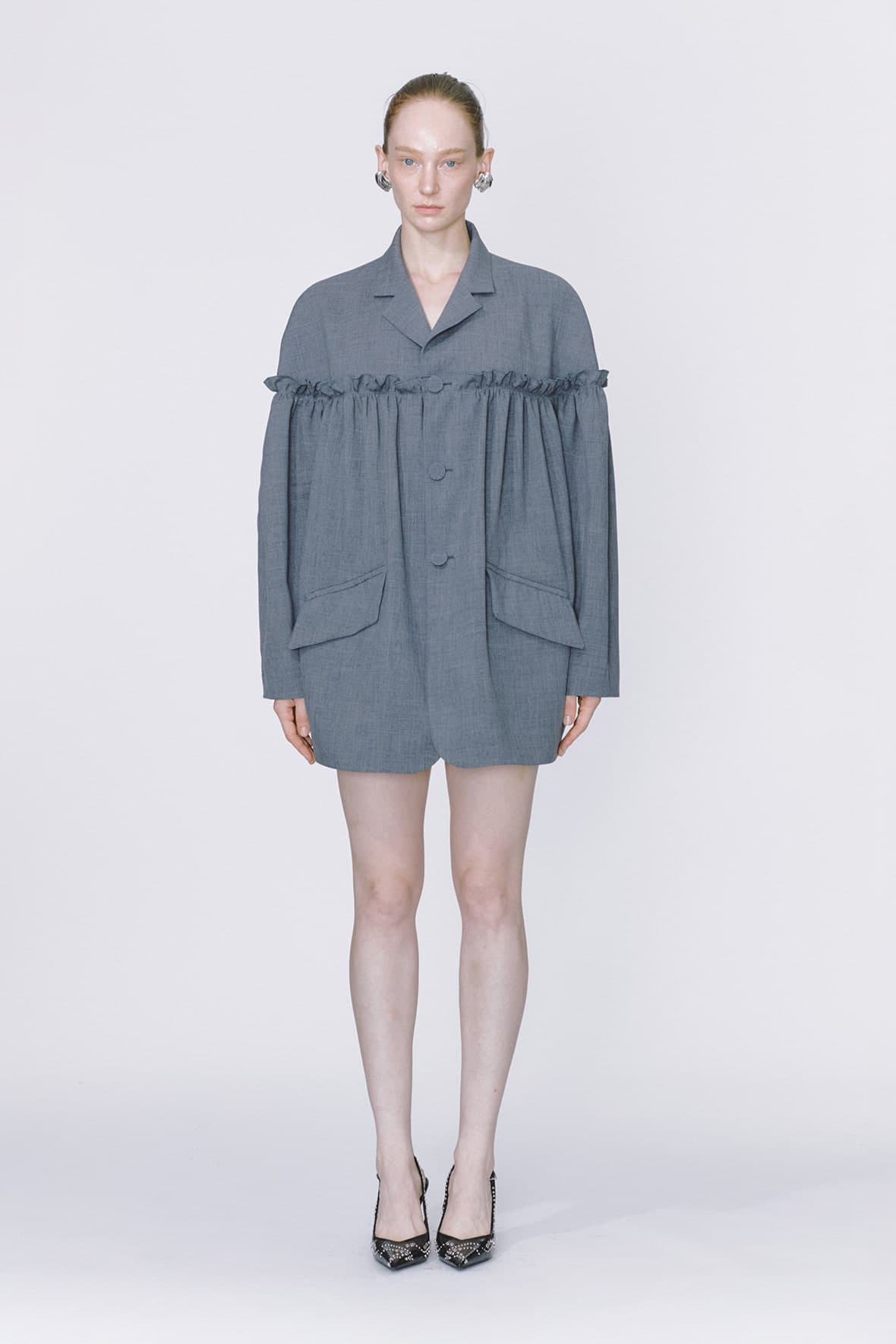 Oversized Half And Half Horizontal Ruffel 3-Button Blazer
