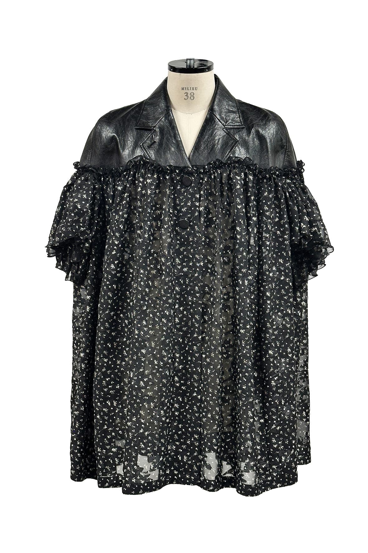 Half And Half Horizontal Ruffel Contrast Fabric Coat — vue 2