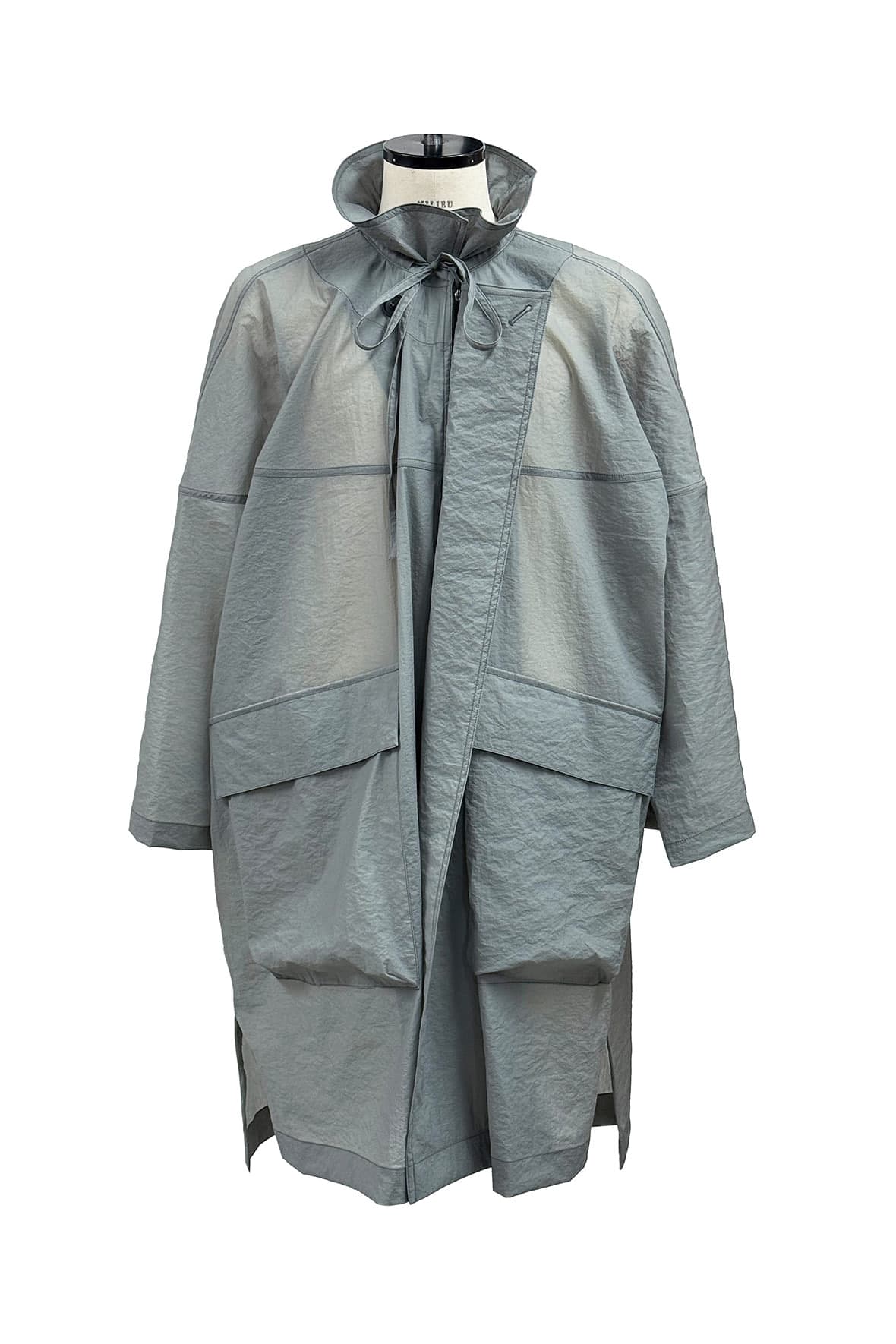 Oversized Drawstring Neck Horizontal Line Maxi Zip Up Double Coat — vue 2