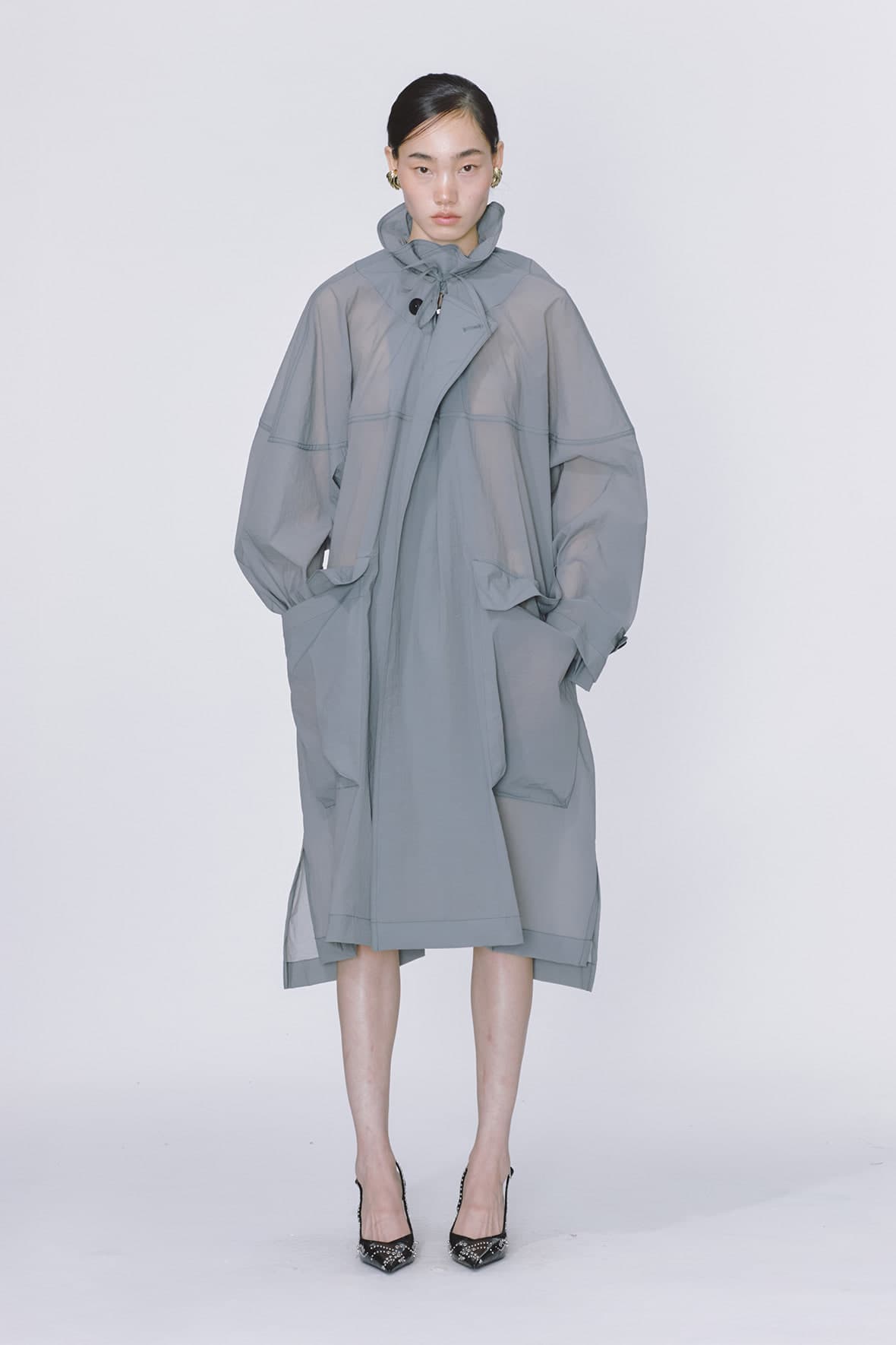 Oversized Drawstring Neck Horizontal Line Maxi Zip Up Double Coat — vue 3