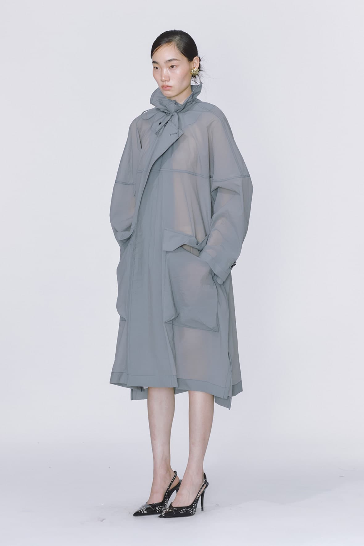 Oversized Drawstring Neck Horizontal Line Maxi Zip Up Double Coat — vue 4
