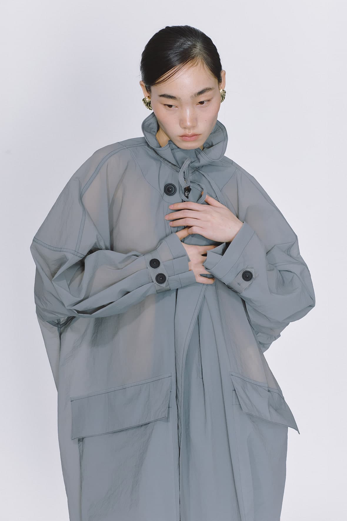 Oversized Drawstring Neck Horizontal Line Maxi Zip Up Double Coat — vue 7