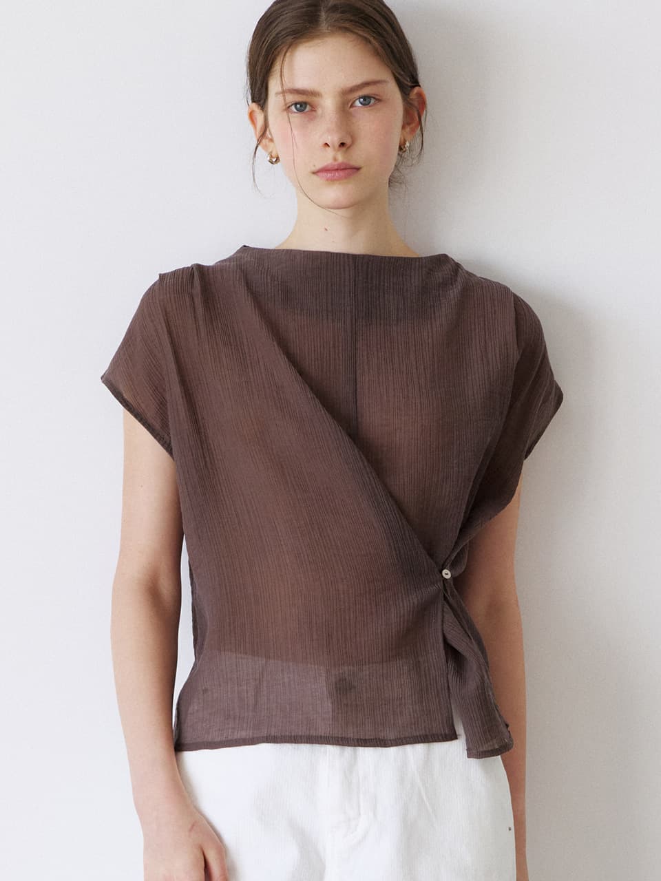mock neck wrap blouse (brown) orc 6047 — vue 3