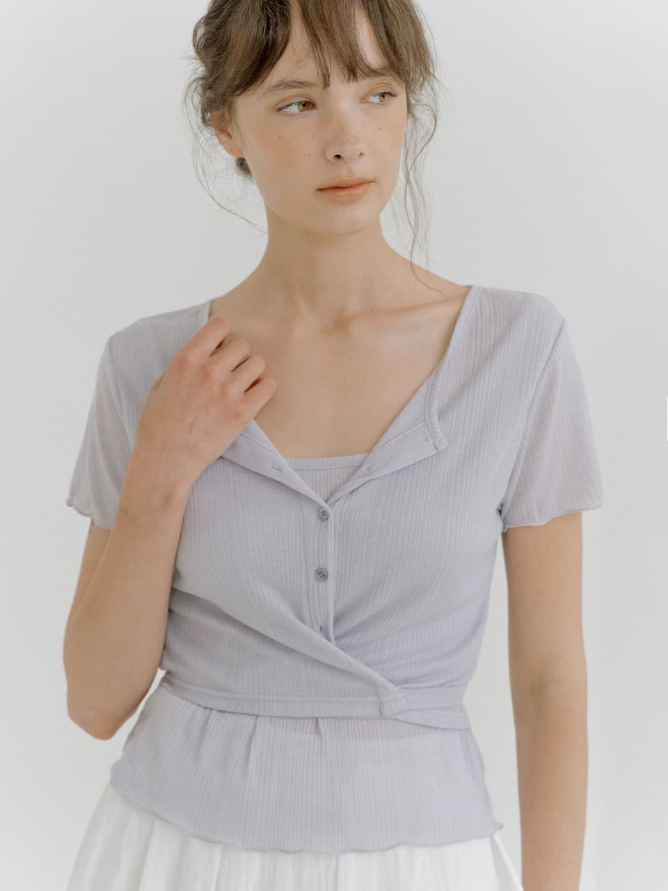 layered wrap detail T-shirt (blue gray) orc 6070