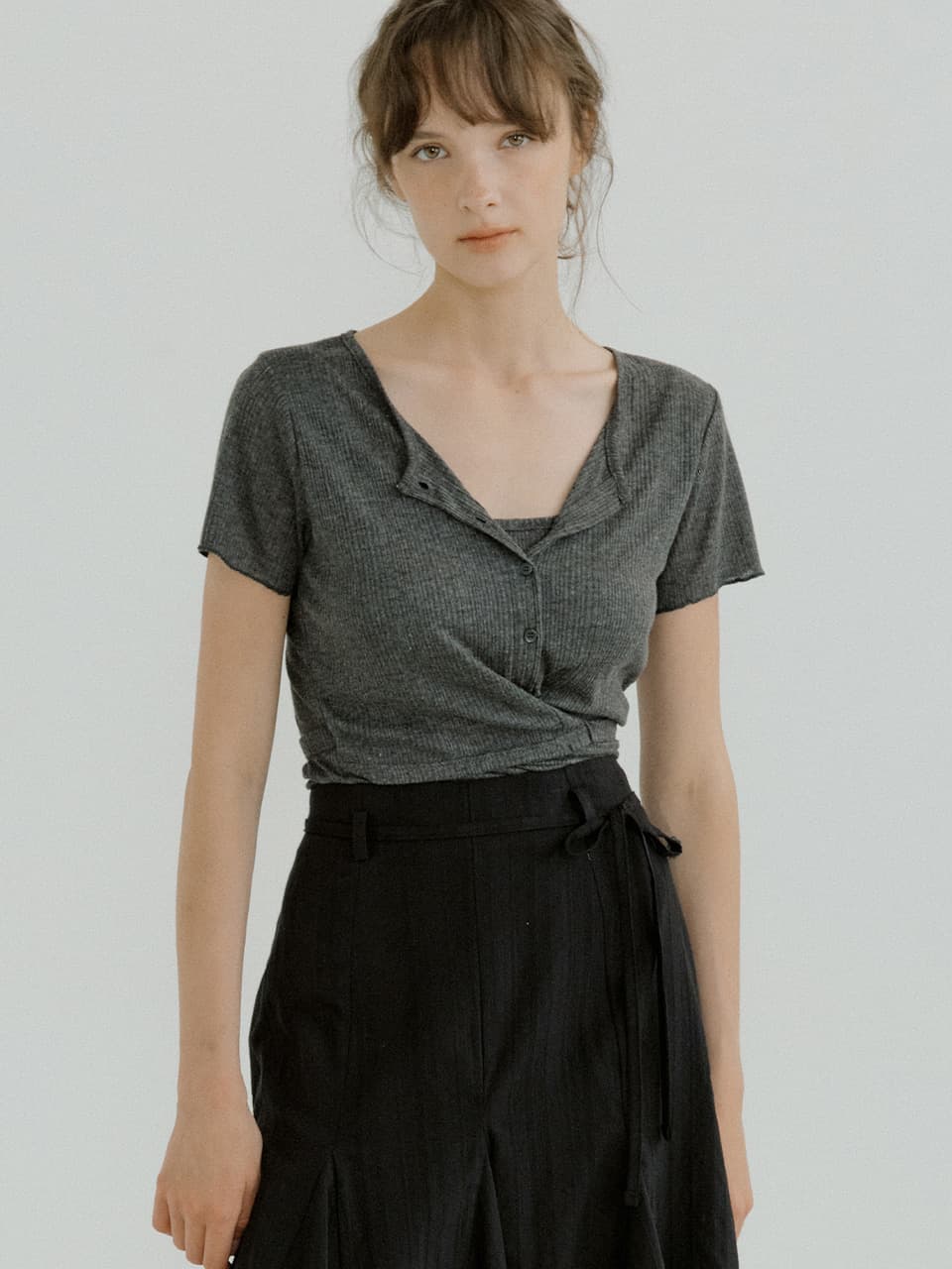 layered wrap detail T-shirt (charcoal) orc 6071
