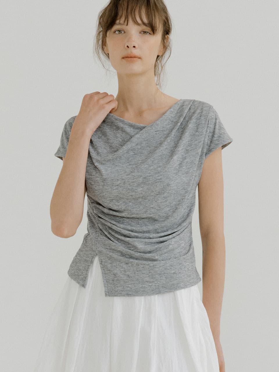 drape oblique slit T-shirt (melange gray) orc 6074 — vue 2