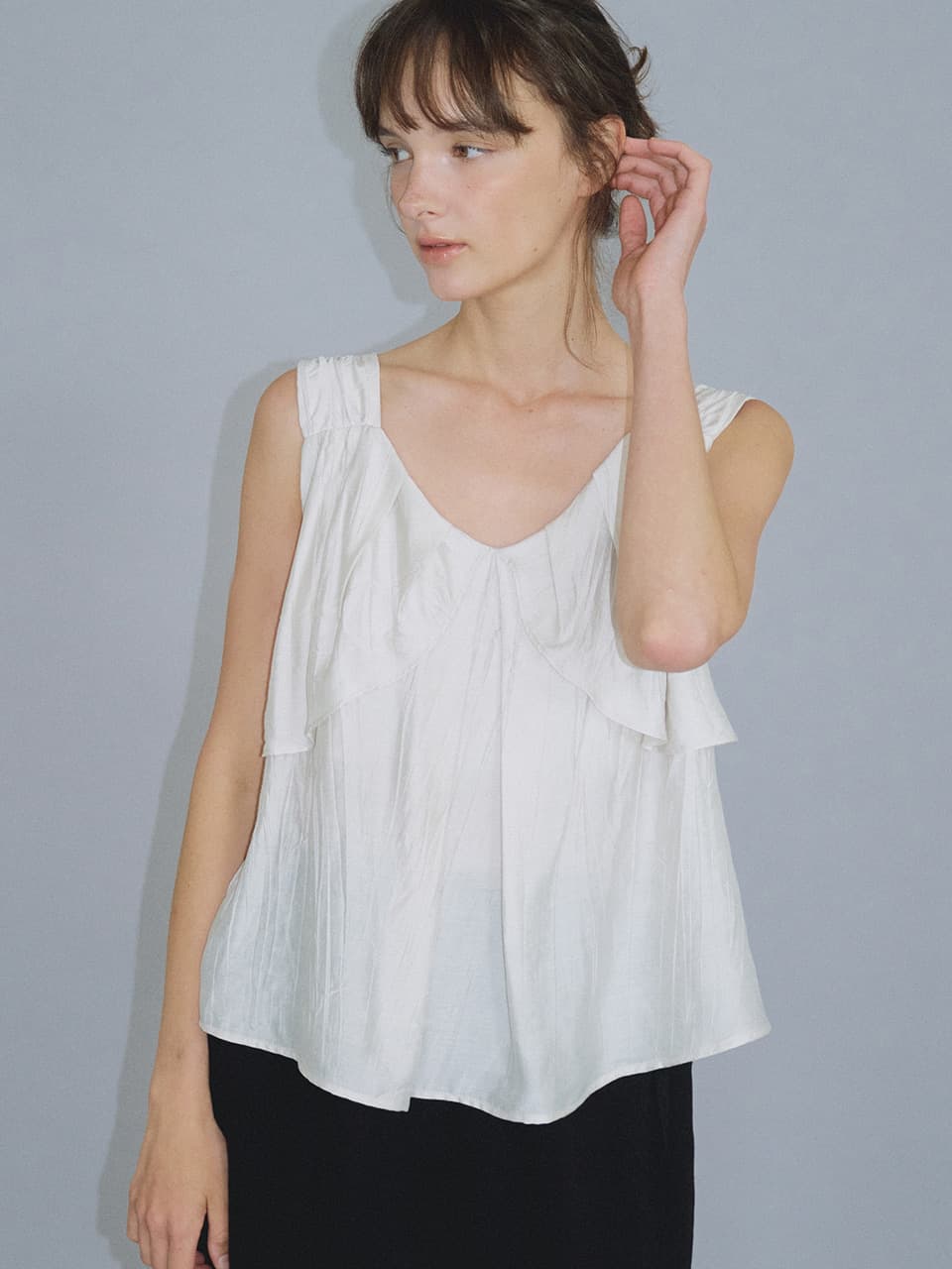 flap shirring flared blouse (ash beige) orc 6076