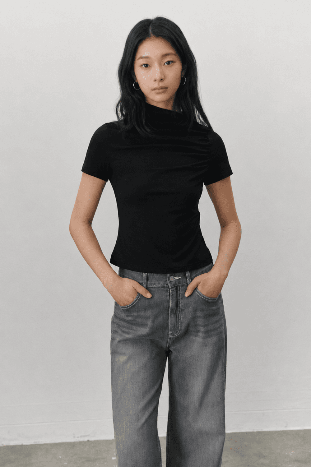 Shirring stretch T shirt - Black — vue 3
