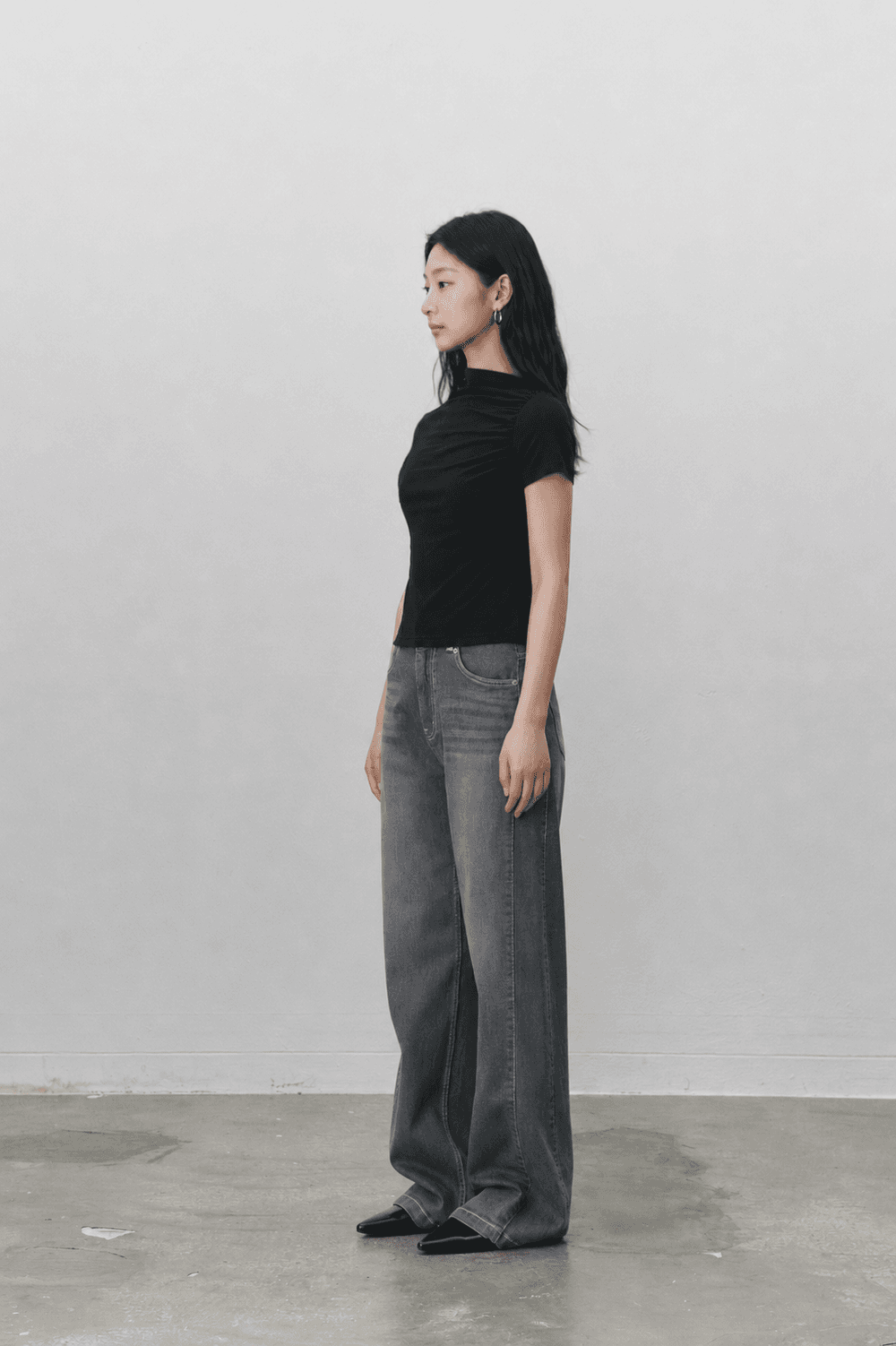 Shirring stretch T shirt - Black — vue 5