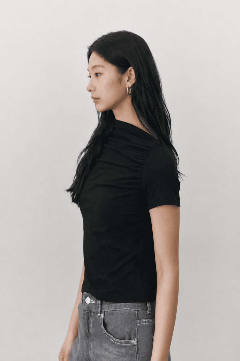 Shirring stretch T shirt - Black — vue 7