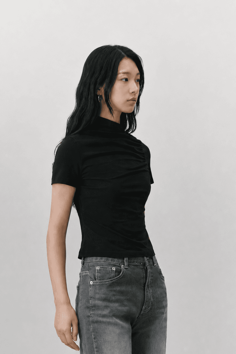 Shirring stretch T shirt - Black — vue 10