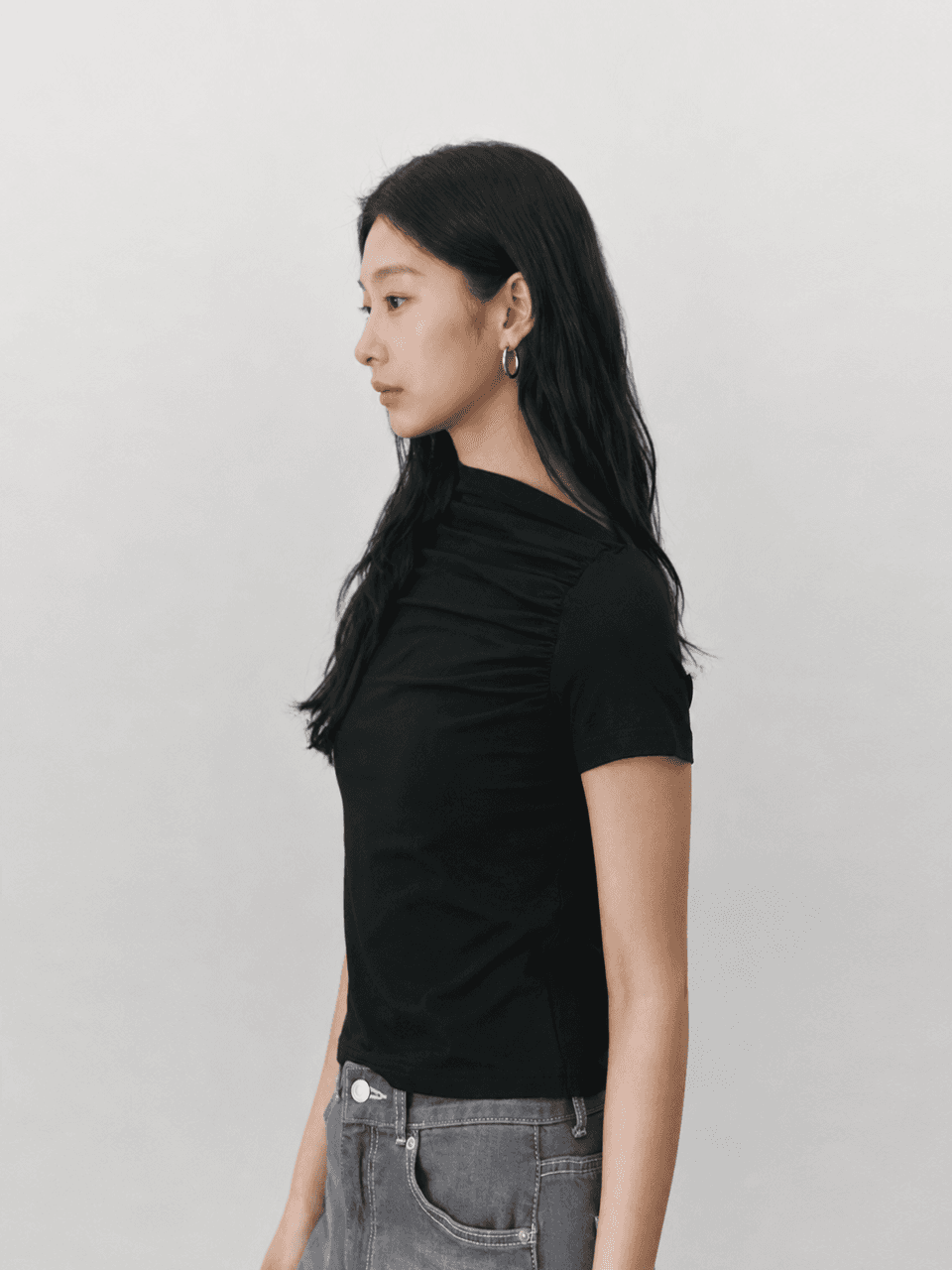 Shirring stretch T shirt - Black — vue 1