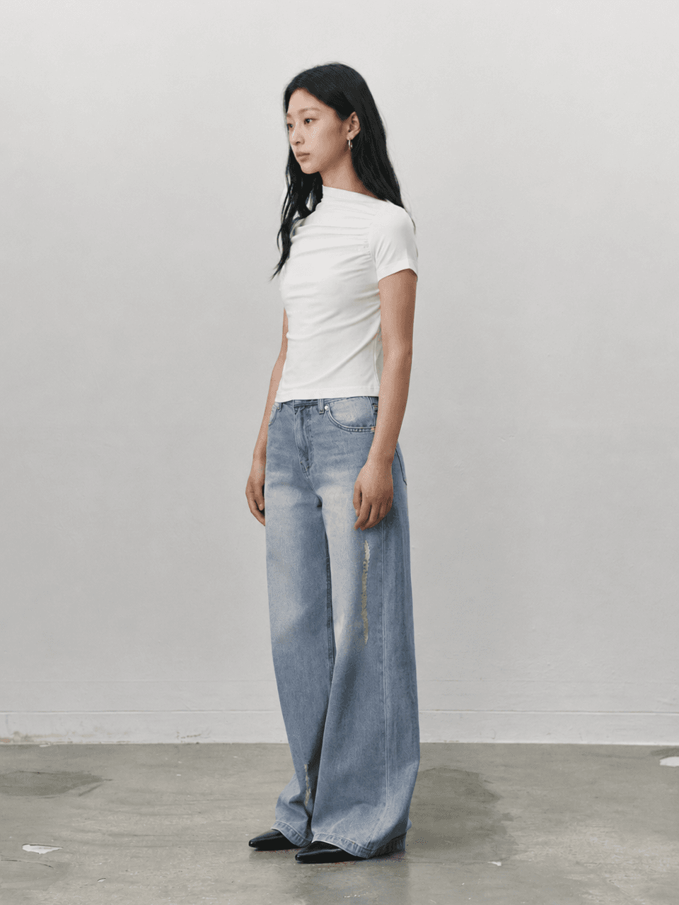 Shirring stretch T shirt - White — vue 2