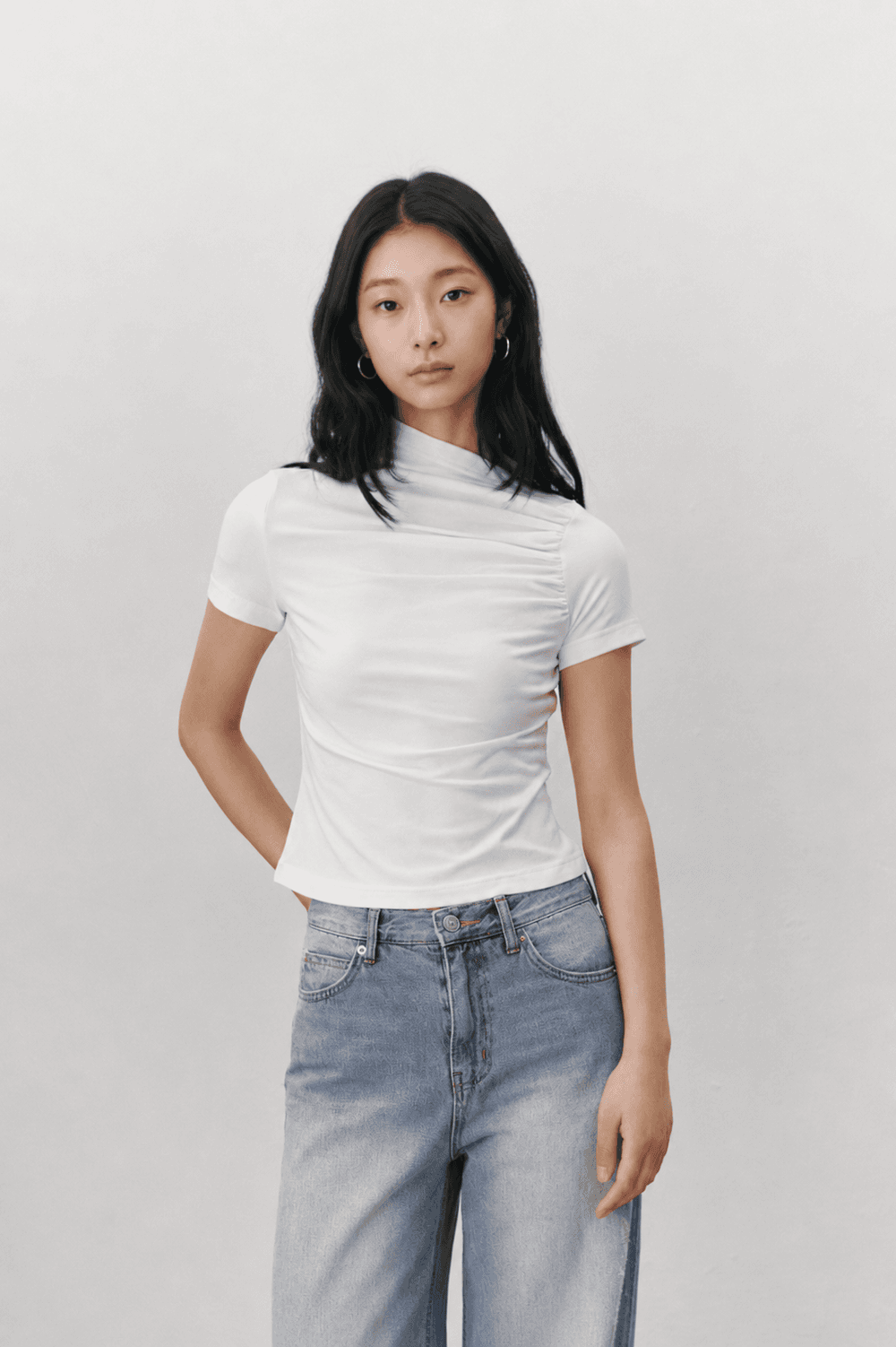 Shirring stretch T shirt - White — vue 3