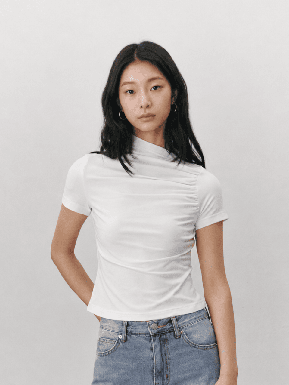 Shirring stretch T shirt - White — vue 1