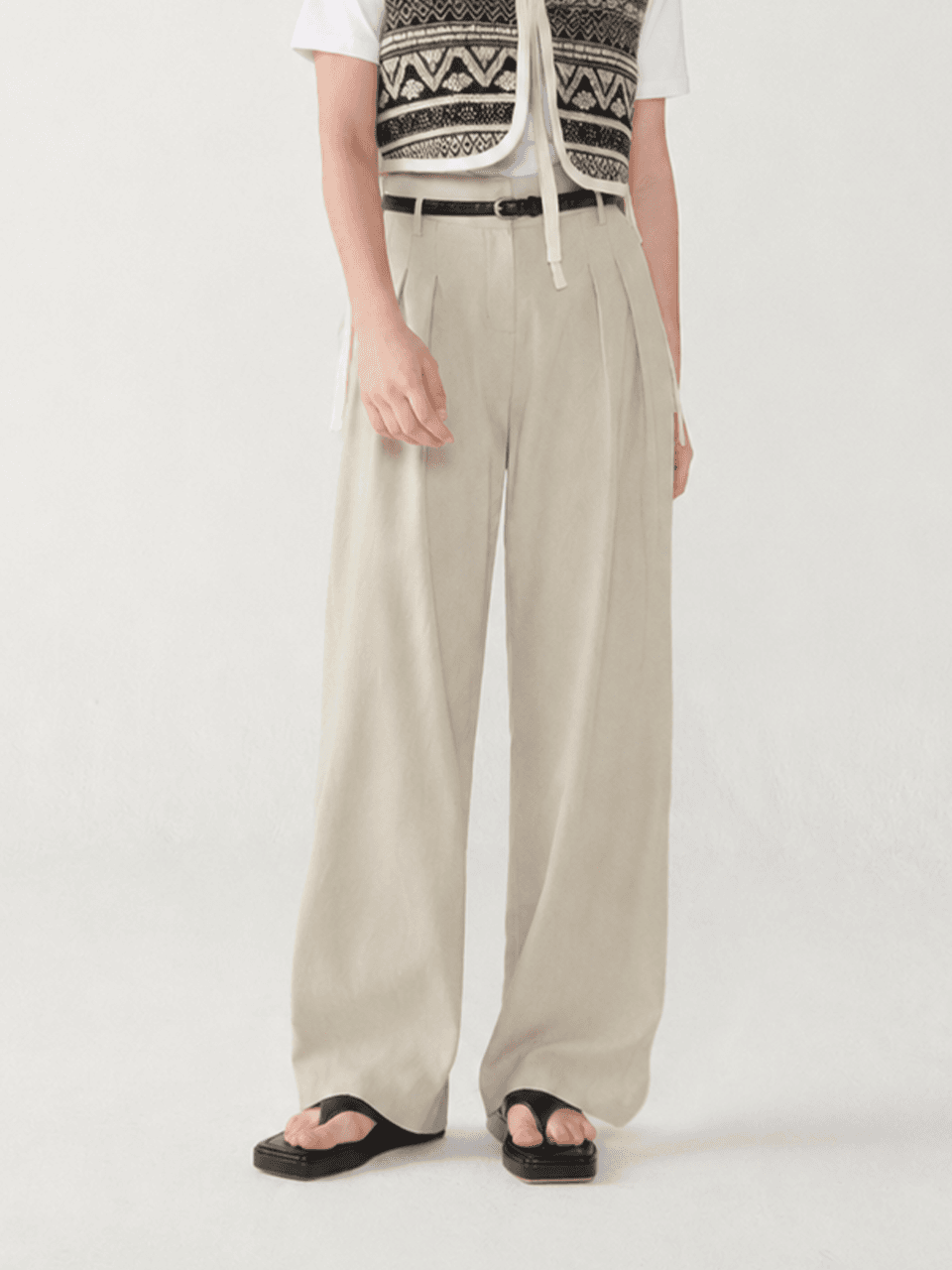 Wrinkle crepe wide banding pants - Light warm gray
