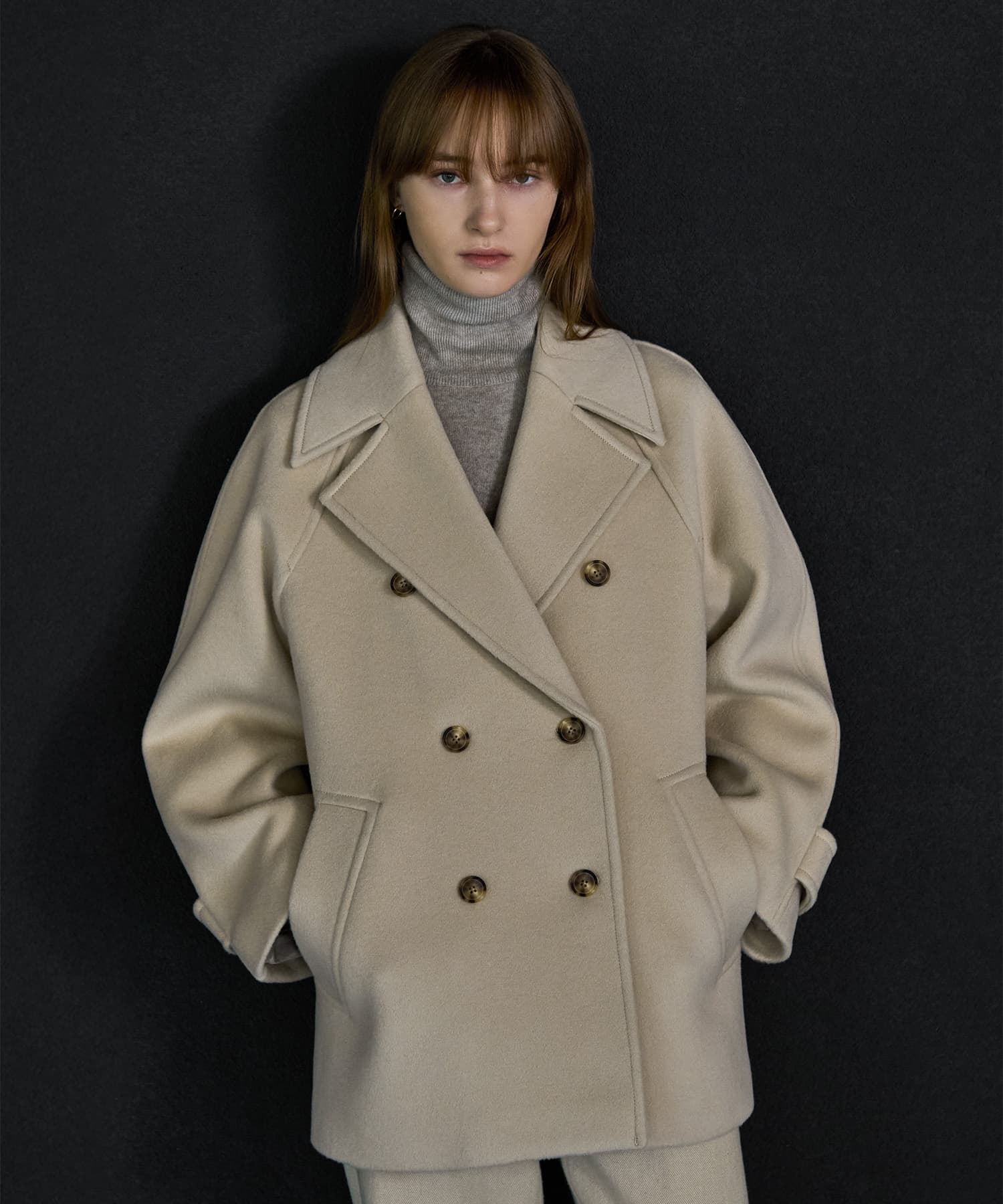 Cashmere blended pea coat - Light Beige — vue 2