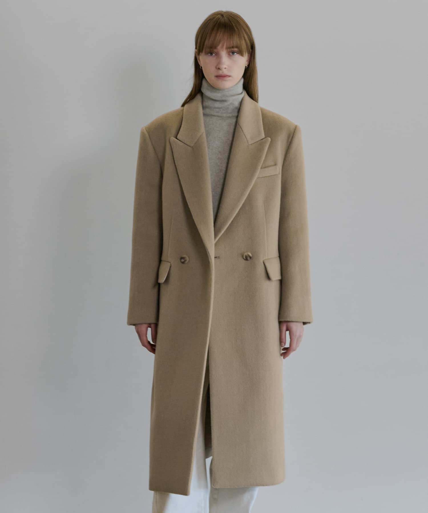 Silk blended herringbone overfit coat - Beige — vue 2