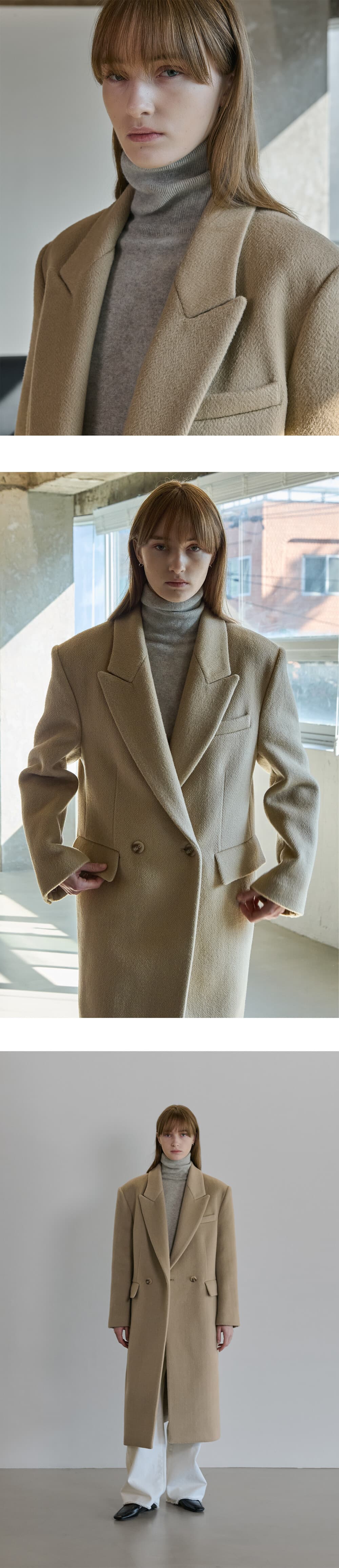 Silk blended herringbone overfit coat - Beige — vue 7