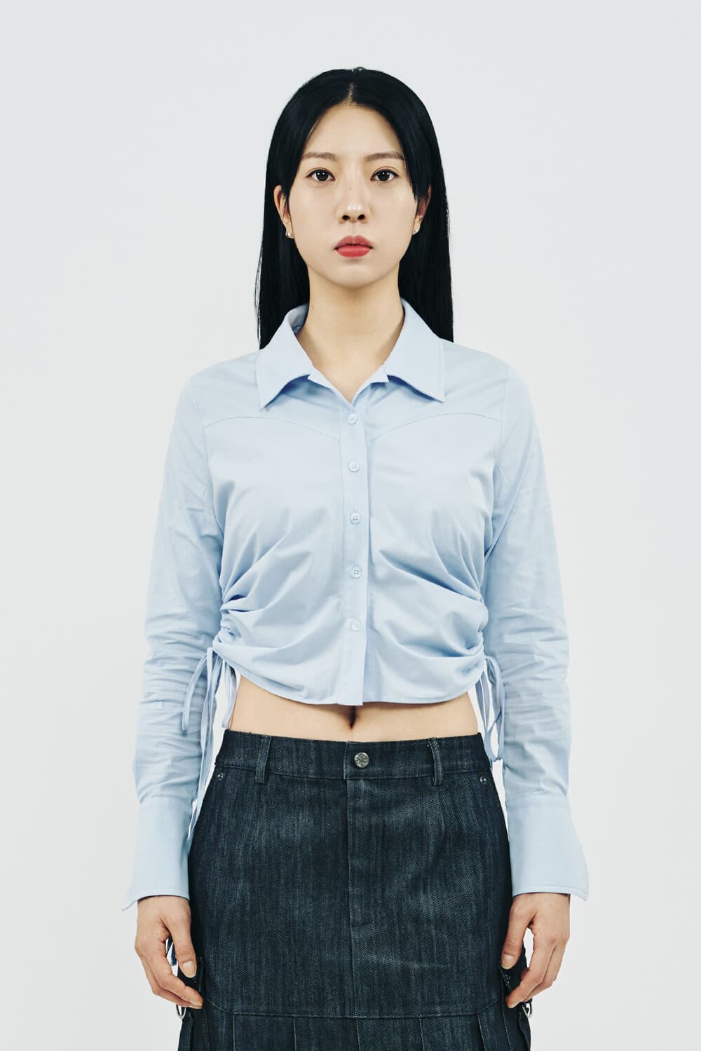 Shirring Long Sleeve Shirt (Blue)