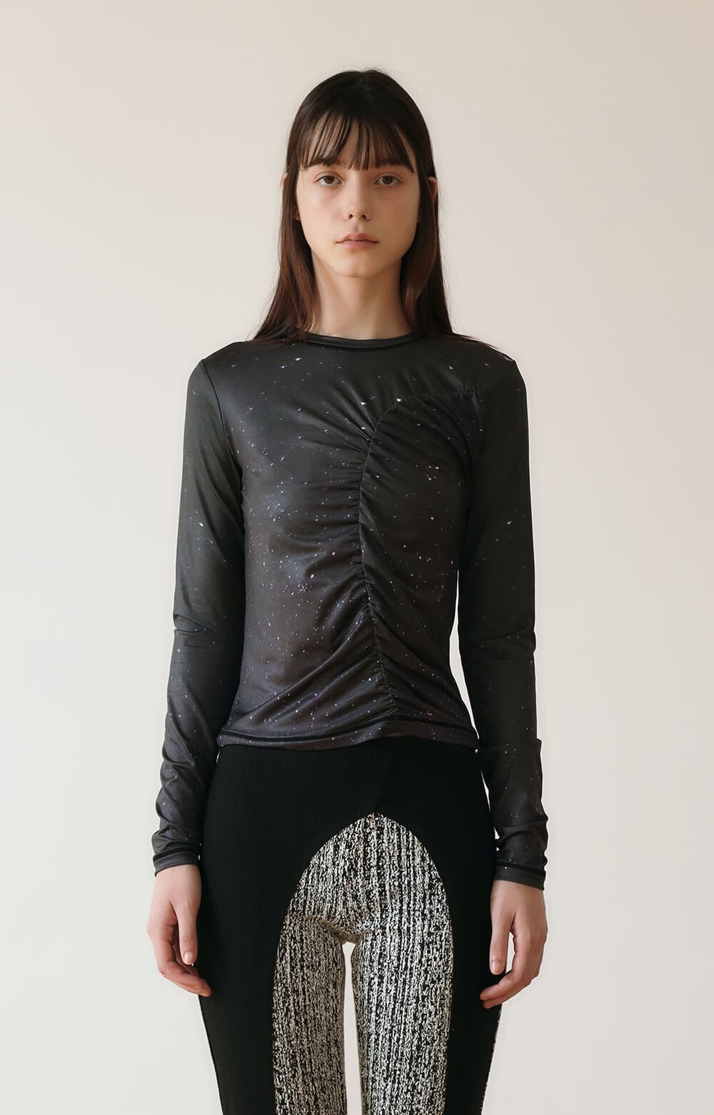 Print Long Sleeve Shirring T-Shirt ([Star])