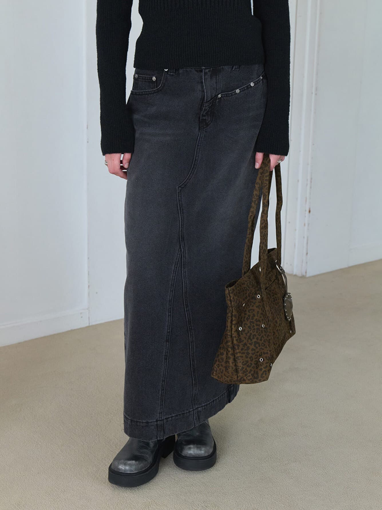 Rivet detail Long Denim Skirt in Black