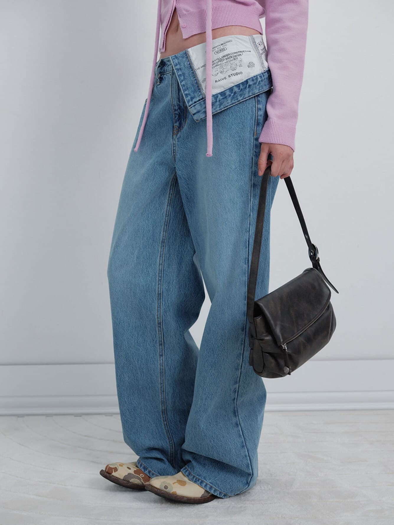 Folded Waist Denim Pants