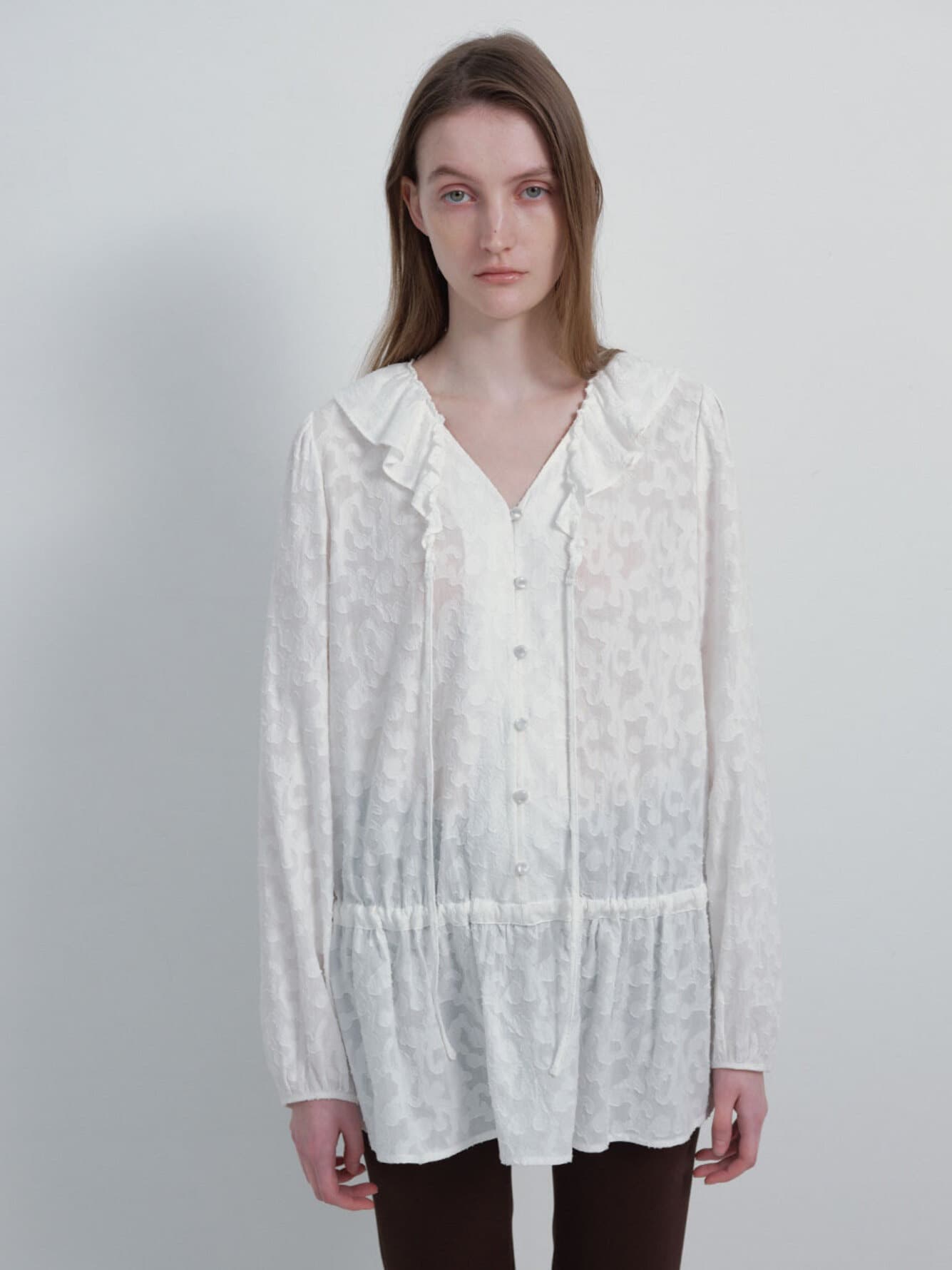 Cotton Jacquard Frill Blouse in White