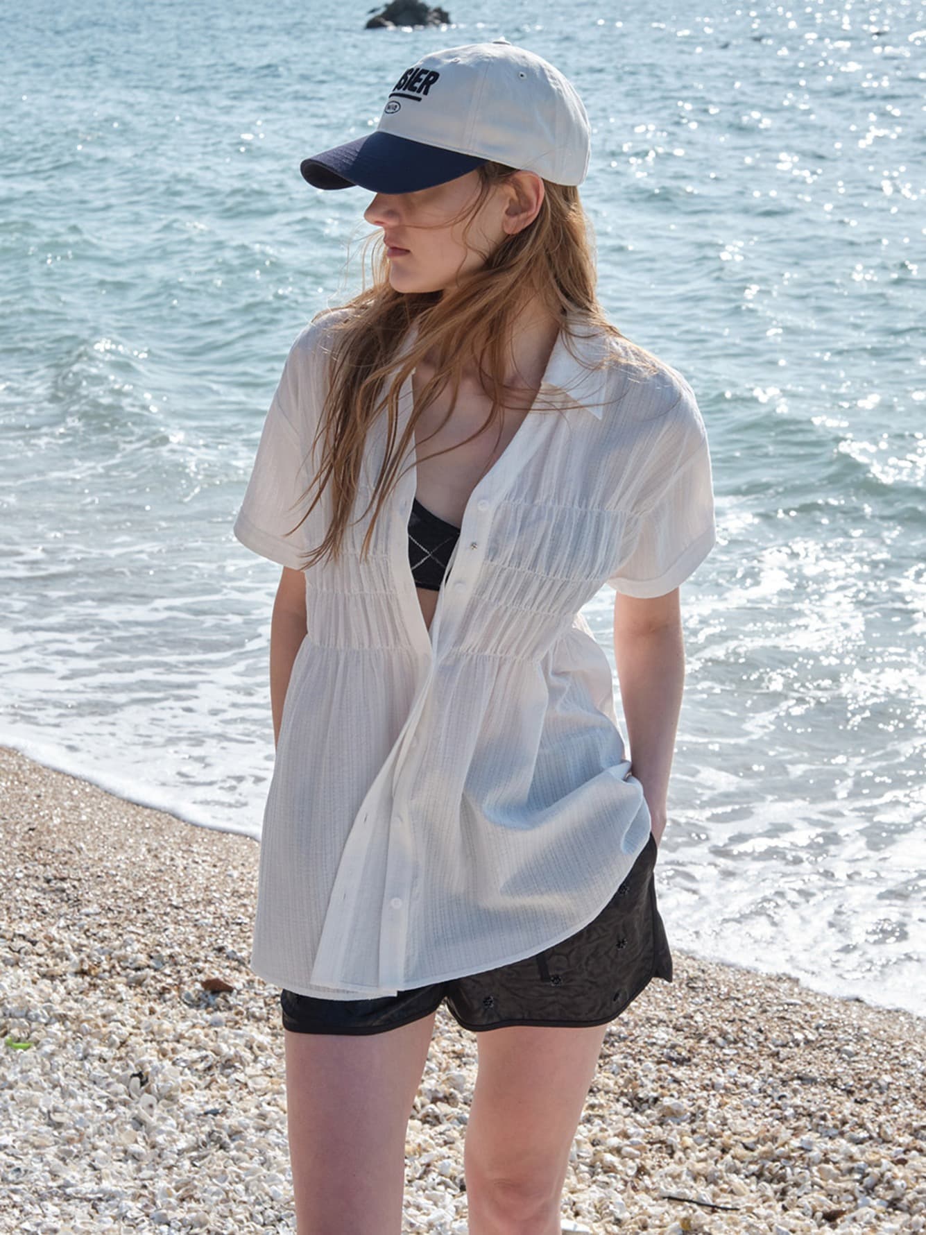 Collared Shirring Midi Blouse