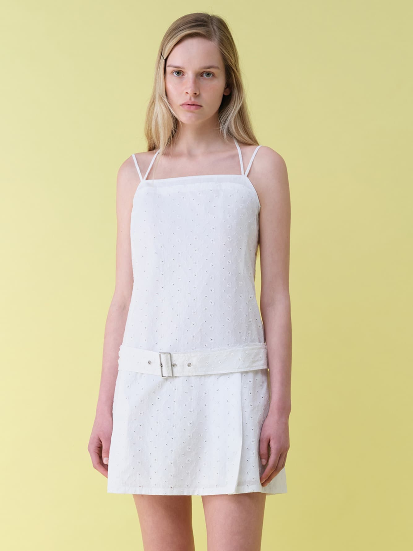 Embroidery Belted Dress in White