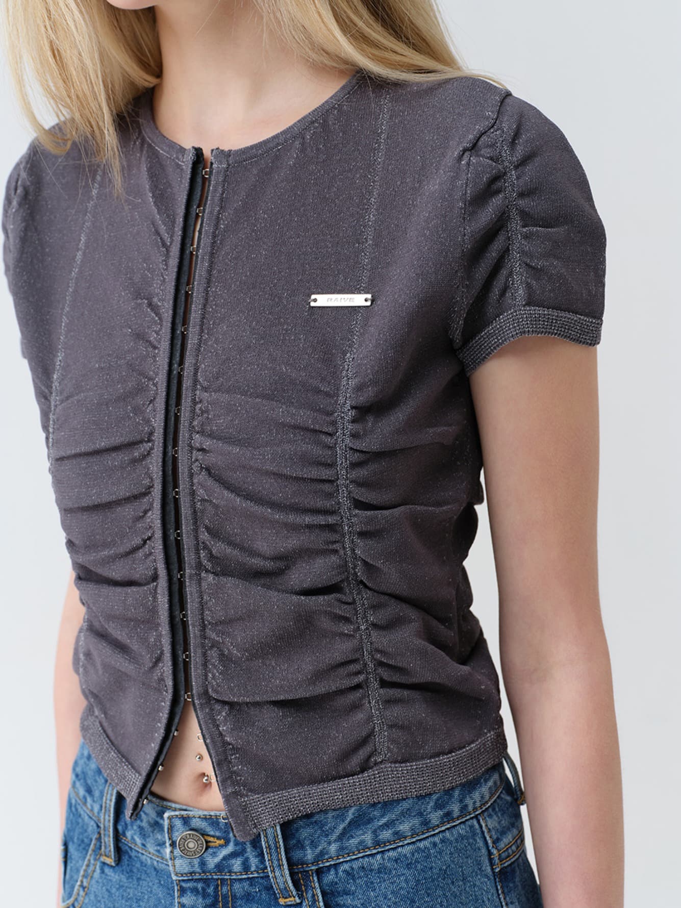 Hook-Front Shirring Knit Cardigan