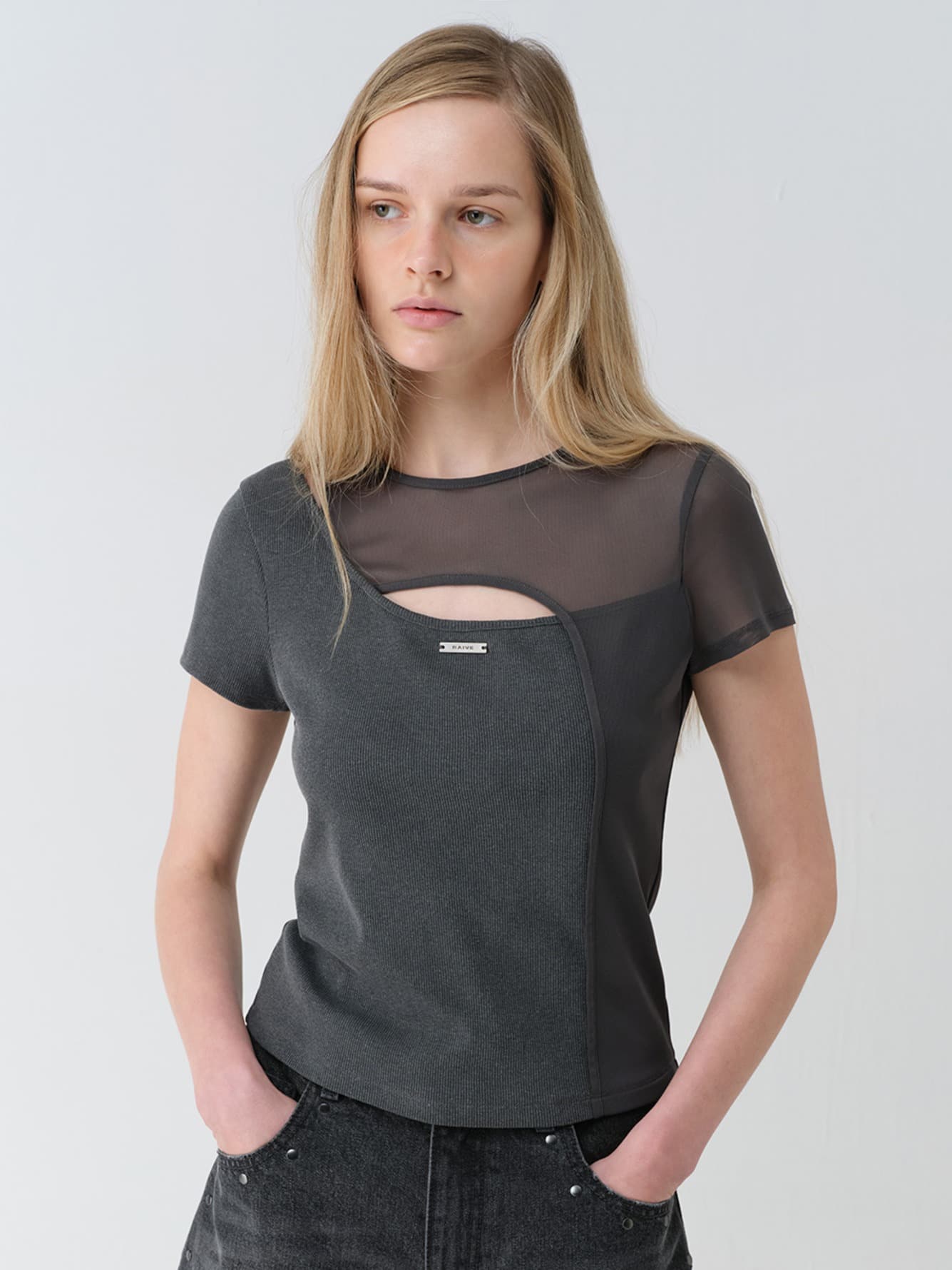 Mesh+Jersey Slit Top