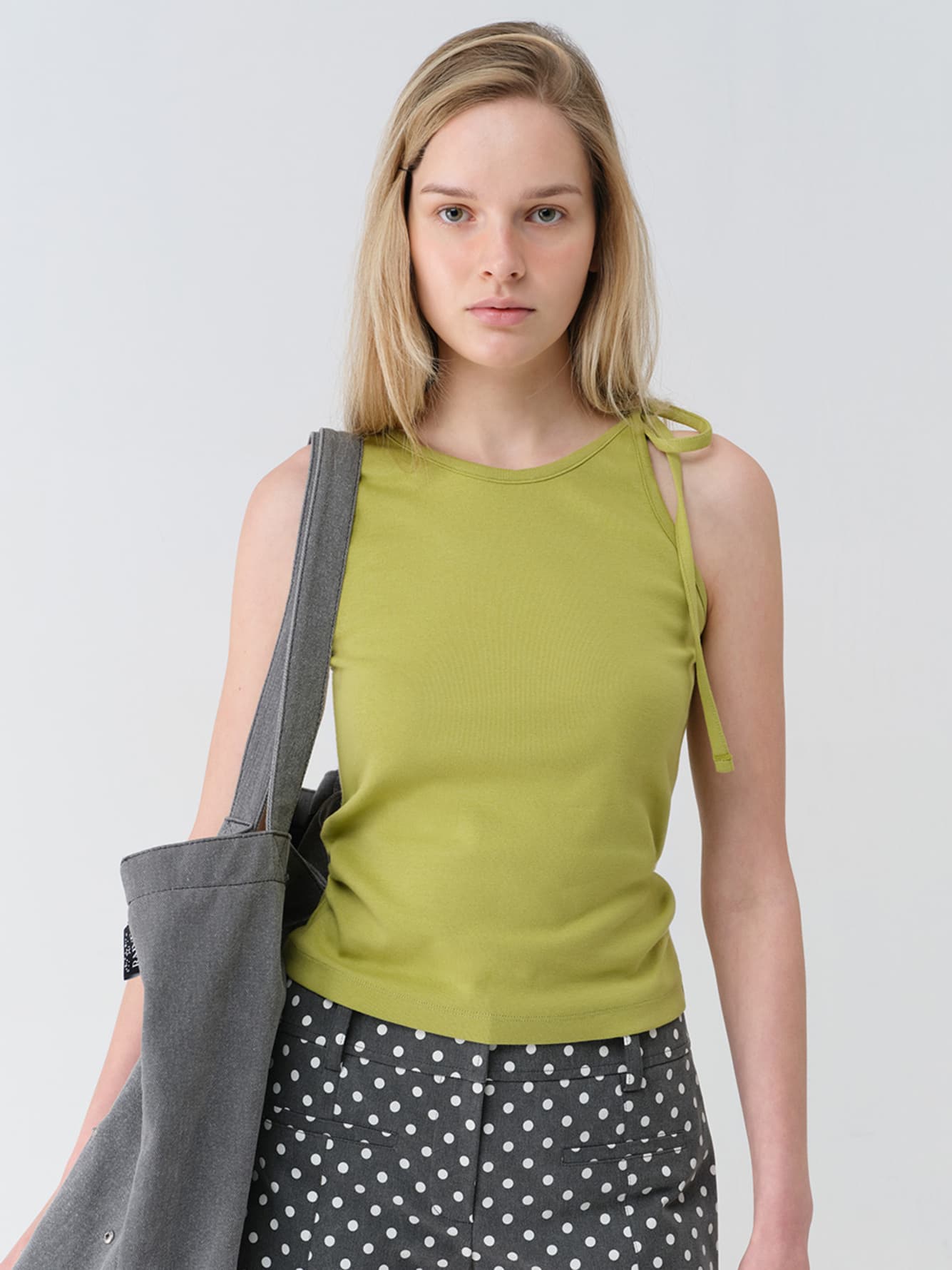 Shirring Shoulder Ribbon Sleeveless Top